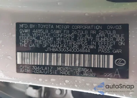 2004 Lexus Es 330 z USA, uszkodzony, nr VIN JTHBA30G340004844